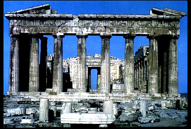 The Parthenon. The columns look vertical but actually lean in towards the middle.