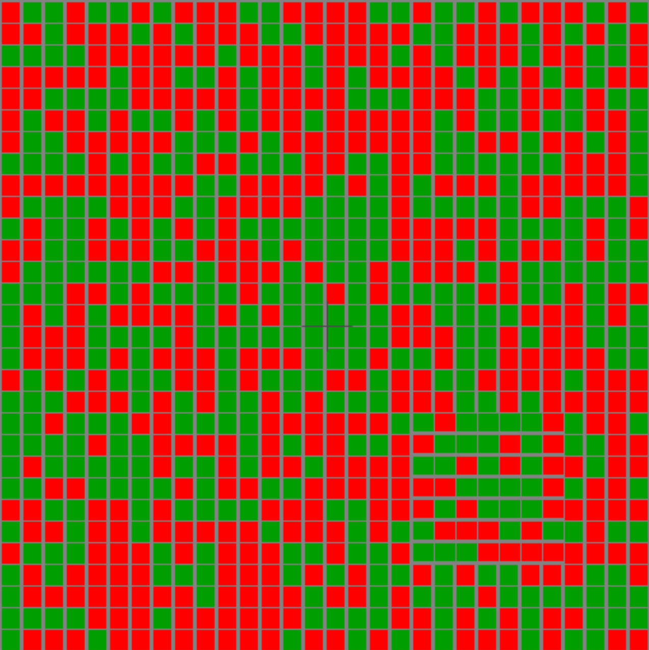 Illustration of the camouflage stimulus.  Like the last stimulus but randomly som eof the elements are in red.