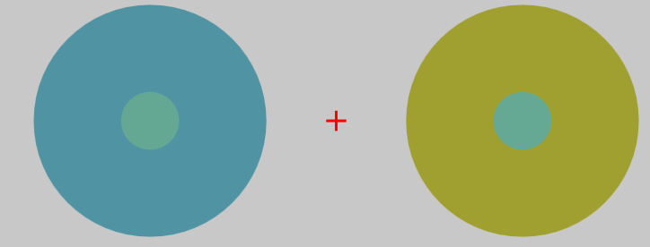 Illustration of simultaneous contrast.  The circle with the blue background looks more yellow than the circle with the yellow background.
