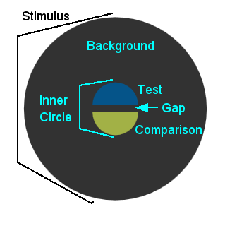 An image of the experimental stimulus setup.  There is a dark background with a lower semi circle in the middle that the participant is to match and an upper semicircl that th eparticipant adjusts.